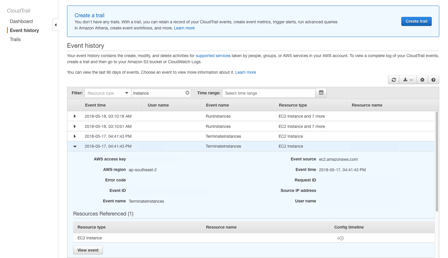 CloudTrail Dashboard Example